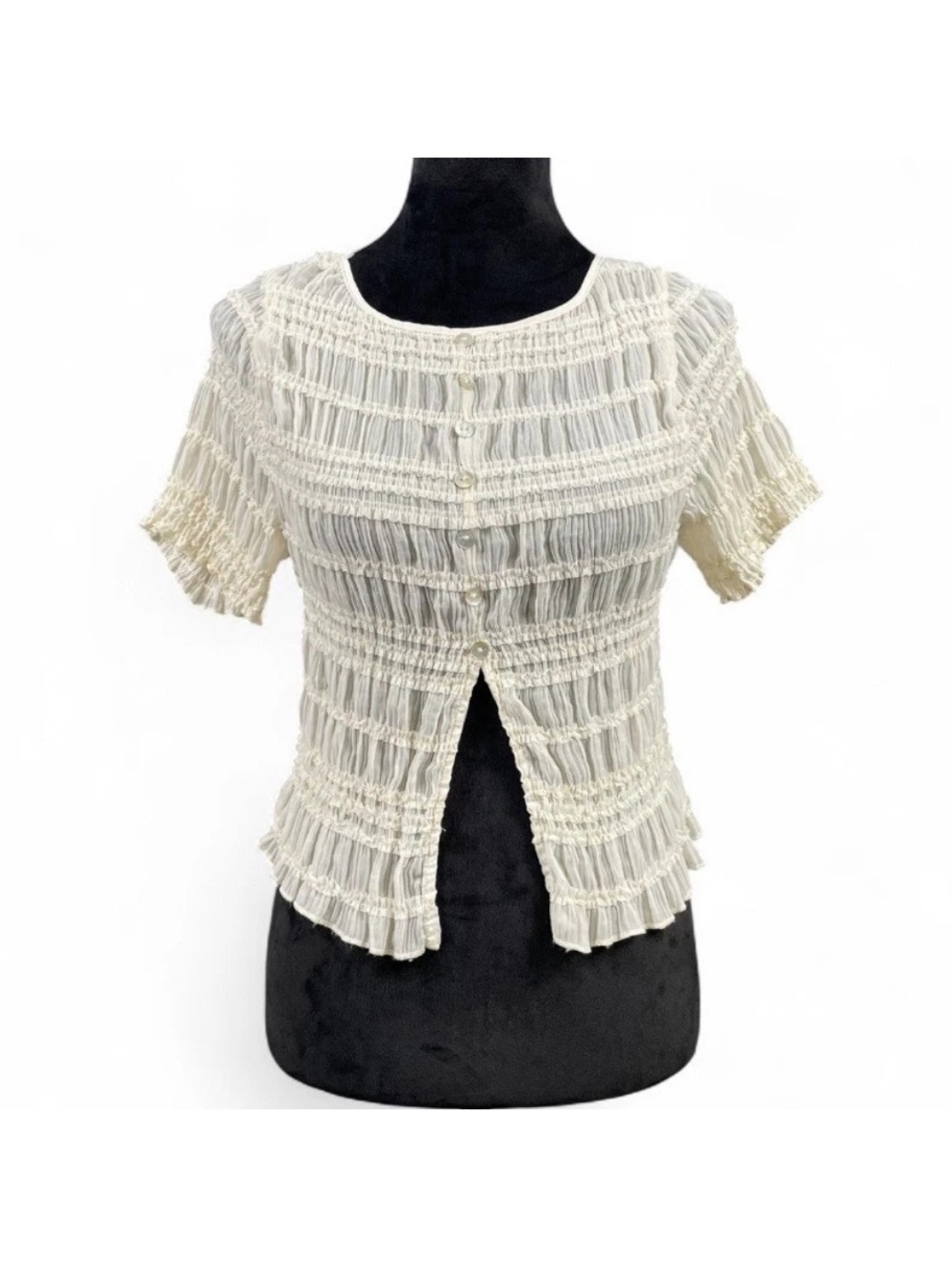 VRG GRL Sofia Shirred Blouse Cream Ivory Smocked Split Front Top Women’s 10